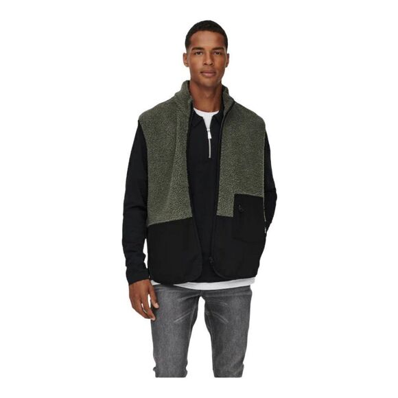 ONLY & Sons Men's Black Grey Colorblock Onsmilton Mix Sherpa Full Zip Vest US XL - Picture 1 of 12